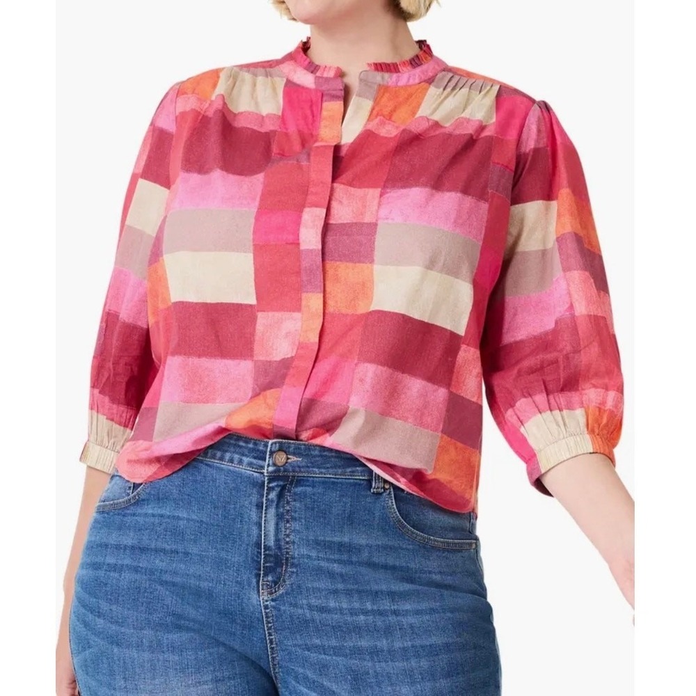 NIC+ZOE Mindfully Made Pink Orange Plaid Ruffle Neck Cotton Blouse XXL